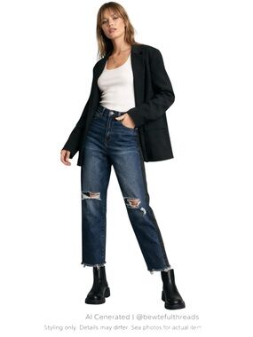 BOOHOO BLUE US SZ 8 Hattie High Rise Twotone stripe boyfriend jeans NWT